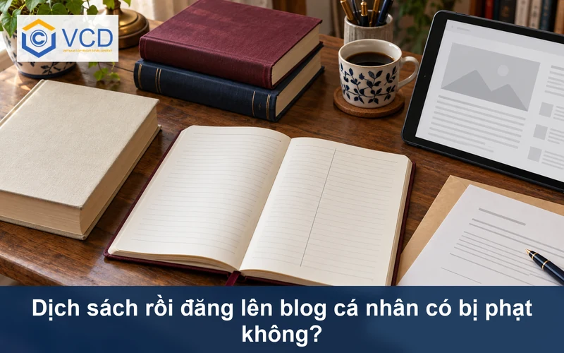 Sách gốc, sổ dịch hai cột, máy tính bảng mở blog và giấy xin phép sử dụng tác phẩm