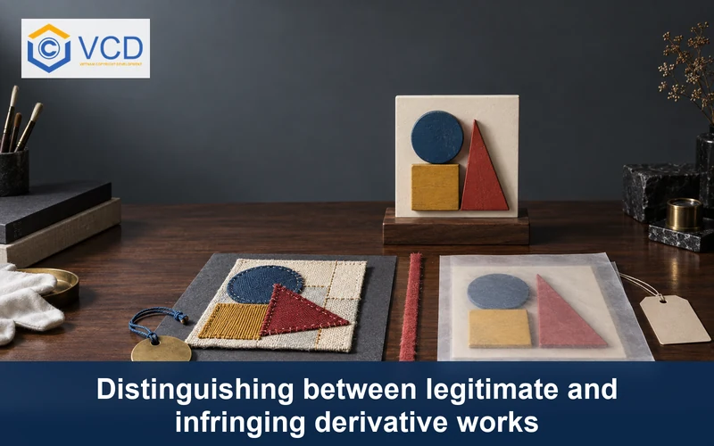 Original geometric artwork compared with an authorized textile adaptation and a close traced copy