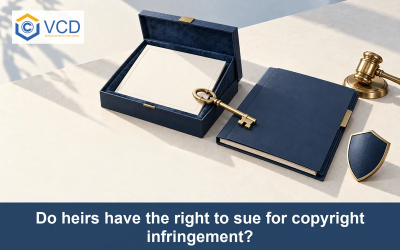 Open inheritance box with an original work, legacy key, legal case file, brass gavel and protective shield