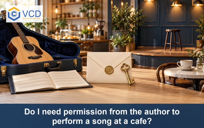 Acoustic guitar and blank song folio separated from a cafe stage by a sealed permission envelope and authorization key