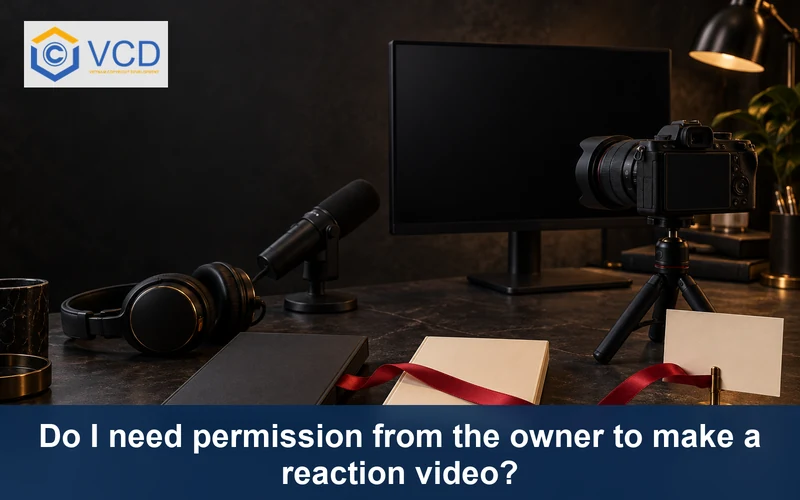 Reaction video camera, blank monitor and media cases linked to a permission card
