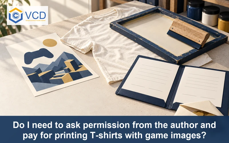 Blank T-shirt with game artwork, screen-printing frame, unsigned permission contract and royalty payment