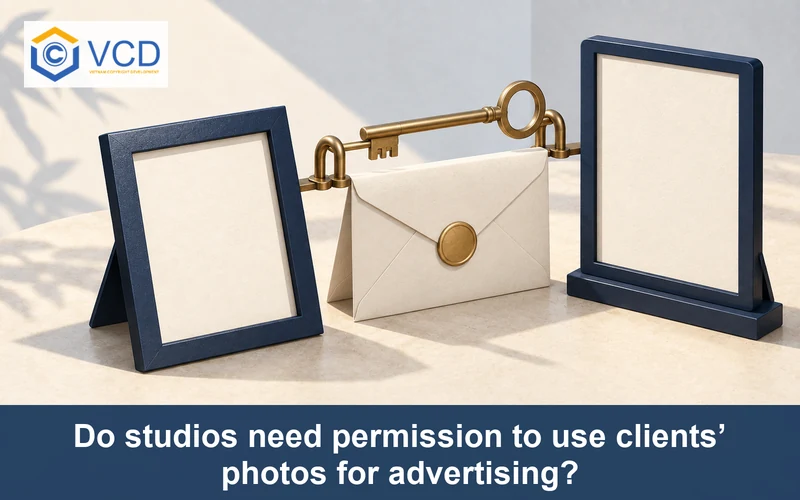 Blank client photo frame linked by a permission key to an advertising board and sealed consent envelope