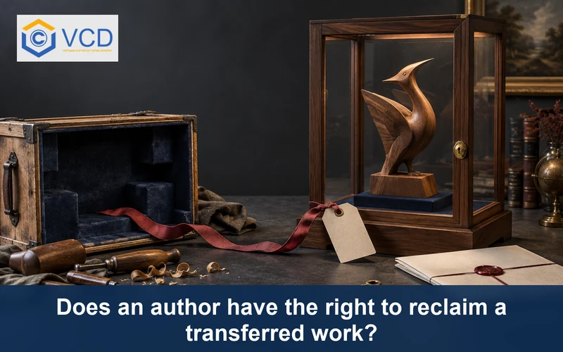 Transferred wooden sculpture in a locked display case beside its empty artist crate and return ribbon