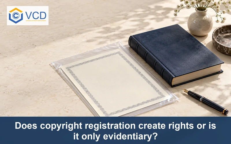 Blank registration certificate in a protective sleeve beside a copyright reference book