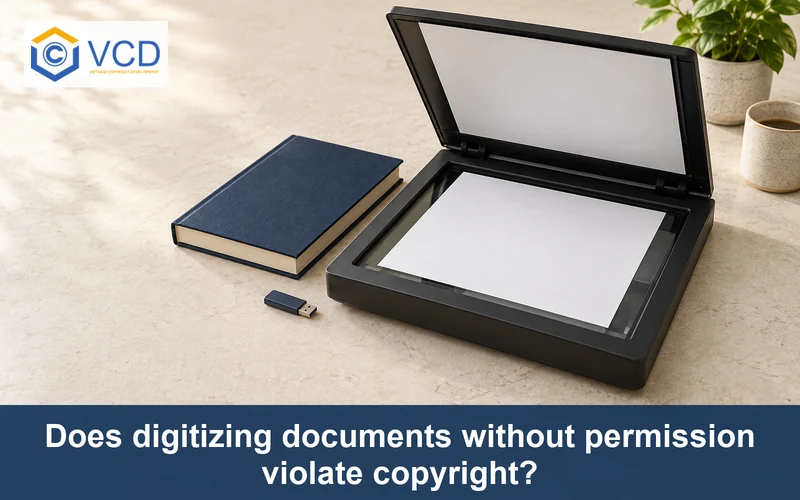 Blank document on a flatbed scanner beside an archive book and USB drive
