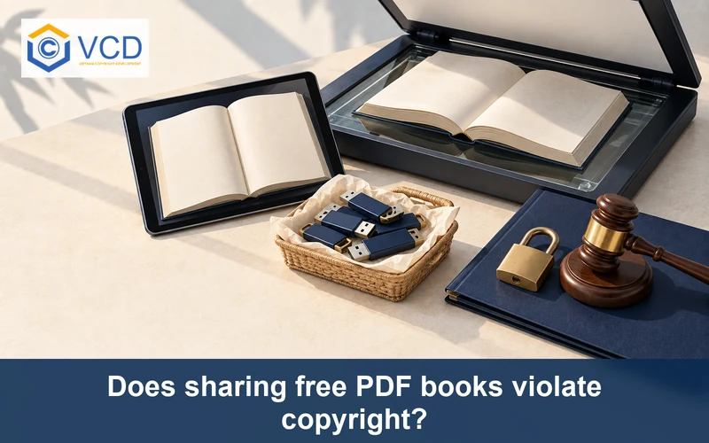 Printed book on a flatbed scanner beside a tablet, basket of USB drives, copyright lock and judge’s gavel