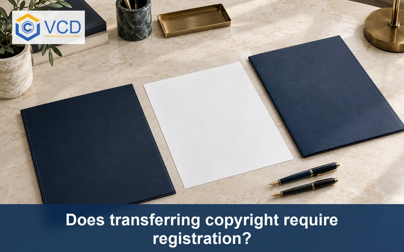 Two document folders, blank transfer sheet and two pens illustrating copyright transfer registration