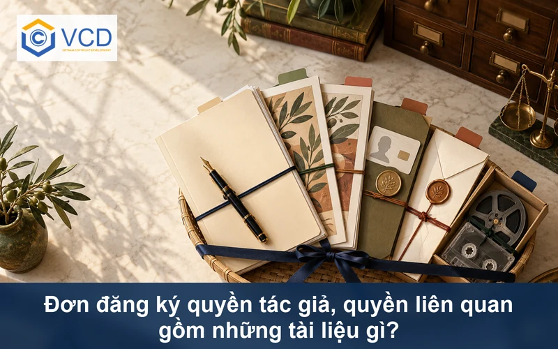 Bộ hồ sơ đăng ký xếp trong khay tre gồm tờ khai, bản sao tác phẩm, thẻ chủ thể, phong bì quyền và mẫu phim âm thanh