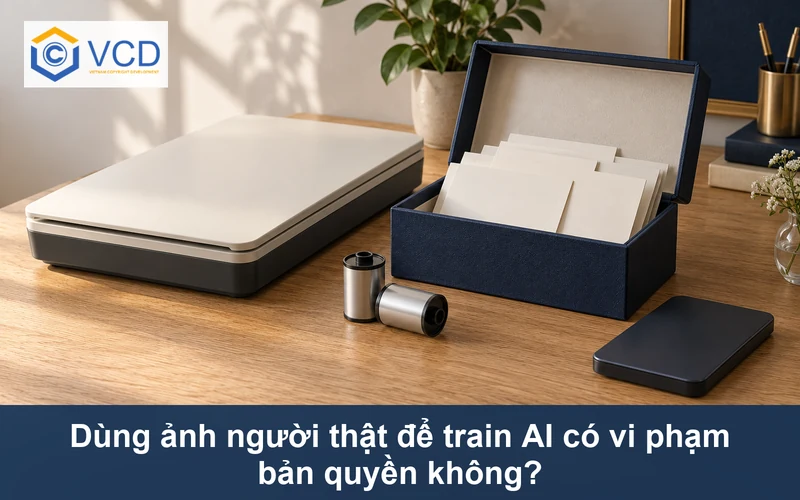 Máy quét ảnh đóng nắp, hộp ảnh úp mặt, cuộn phim và ổ lưu trữ trên bàn gỗ