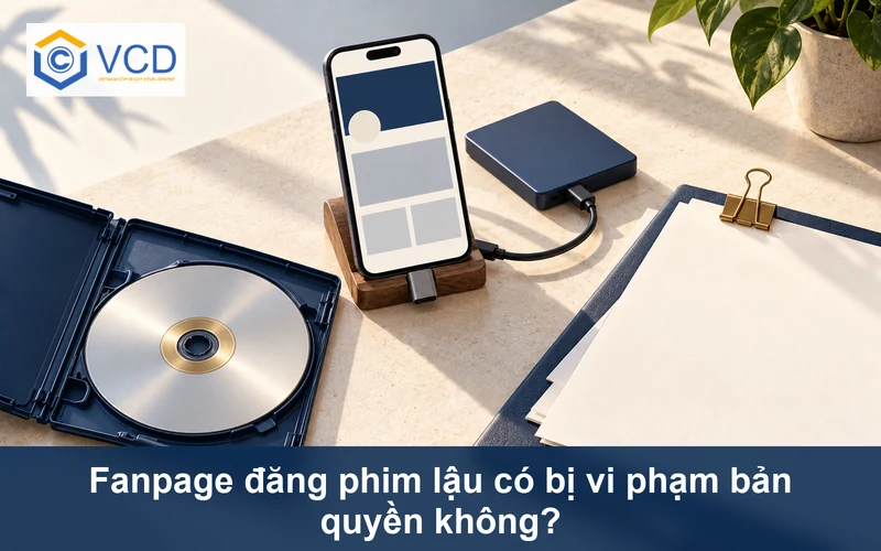 Điện thoại mở fanpage trống cạnh case phim, ổ cứng và hồ sơ pháp lý