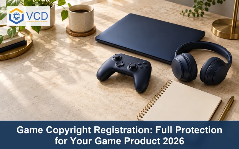 Game controller, closed laptop, headphones and sketchbook illustrating game copyright registration