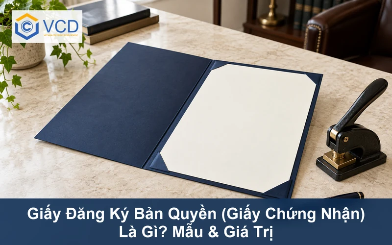 Tờ chứng nhận trắng trong bìa trình ký, máy ép dấu và bút máy minh họa giấy đăng ký bản quyền