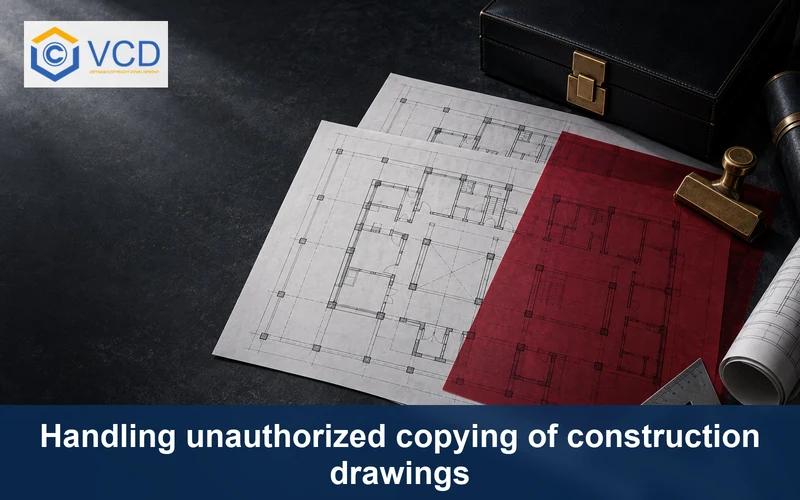 Overlapping construction drawings under a red tracing sheet with an evidence clip