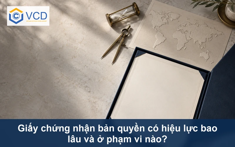 Giấy chứng nhận trống trong hộp navy cạnh bản đồ nổi và đồng hồ cát