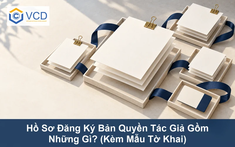 Bộ biểu mẫu trắng trong các khay hồ sơ liên kết bằng ruy-băng navy minh họa hồ sơ đăng ký quyền tác giả