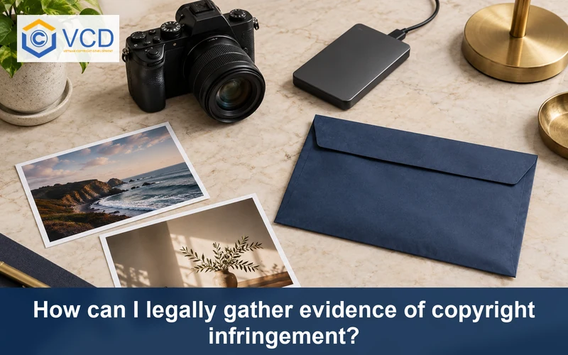 Camera, physical photographs, external drive and envelope illustrating copyright evidence collection