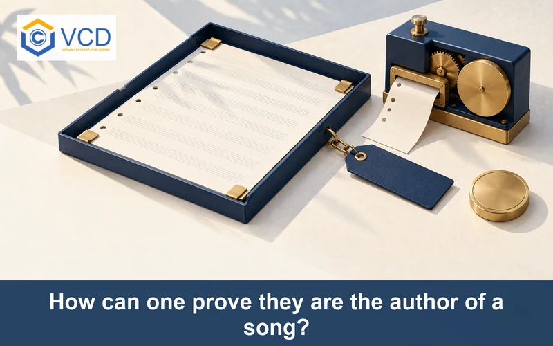 Original song manuscript in an evidence tray with a timestamp device, source-file tag and authentication seal