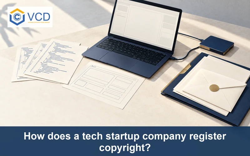 Startup laptop with blank software interface, printed source code, UI wireframe, storage drive and copyright application folder