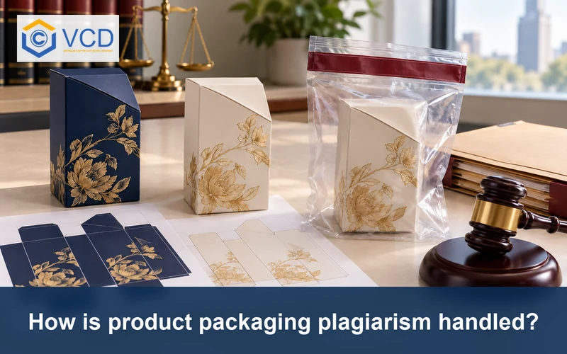 Original and copied cosmetic packages beside a seized copy in an evidence bag and a judge's gavel