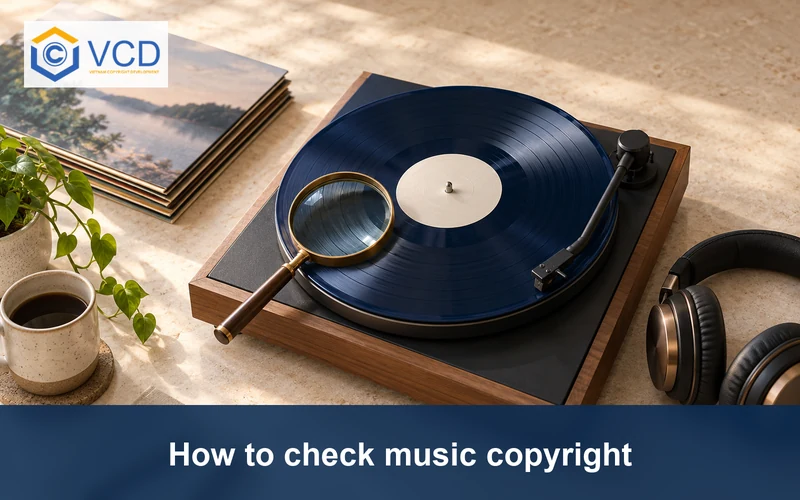 Magnifying glass inspecting a blank-label vinyl record beside headphones