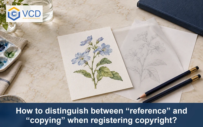 Original botanical watercolor, tracing paper and pencils illustrating reference versus copying