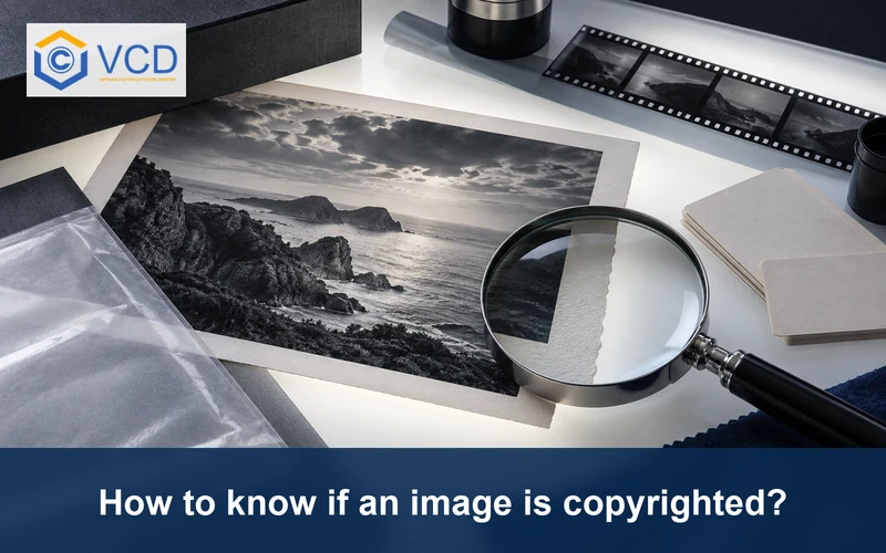 Fine-art photograph examined with a magnifying glass in an image archive