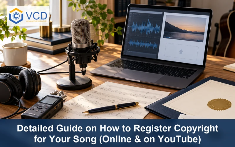 Studio microphone, sheet music, audio recorder, laptop and copyright registration documents for a song