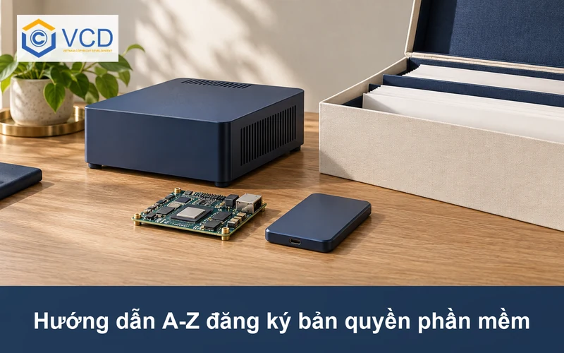 Máy tính mini, bo mạch phát triển, ổ SSD và hộp hồ sơ đăng ký phần mềm