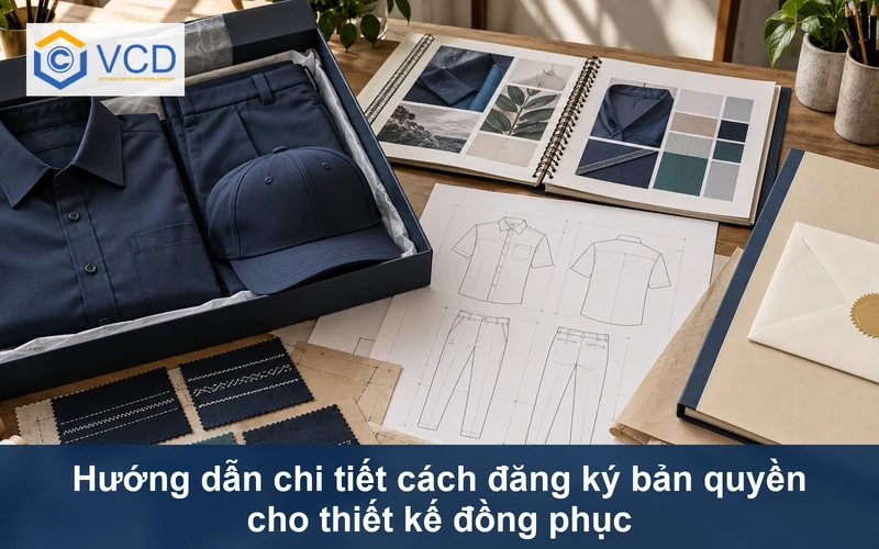 Bộ đồng phục trong hộp cạnh bản vẽ mẫu, rập giấy, mẫu vải thêu và hồ sơ đăng ký bản quyền