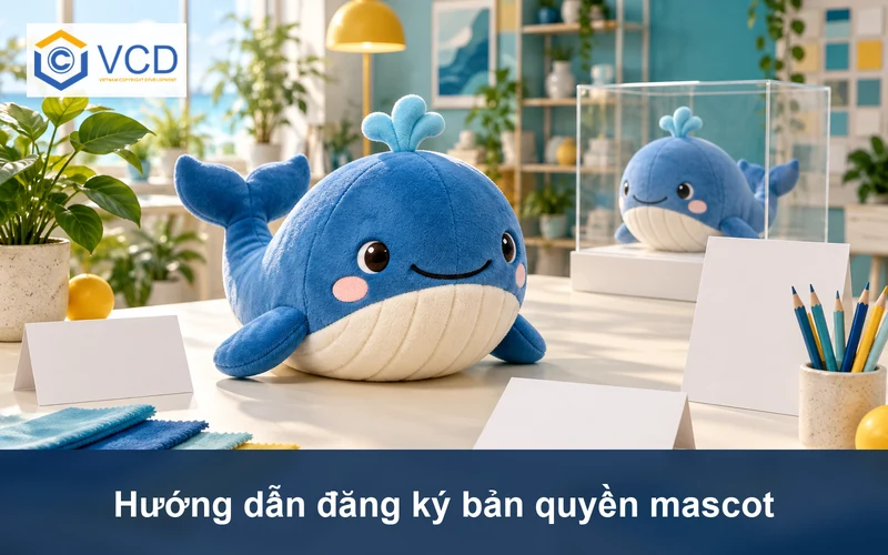Mascot cá voi xanh cùng thẻ trình bày trống và mẫu vải thiết kế