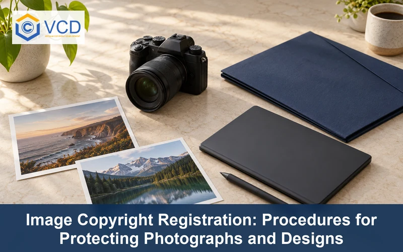 Camera, landscape prints, drawing tablet and blank folder illustrating image copyright registration