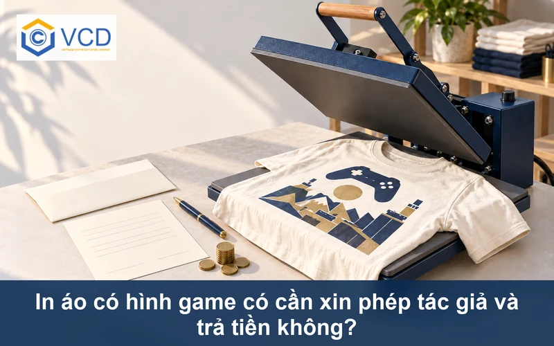 Áo thun in hình game trong máy ép nhiệt cạnh phong bì xin phép và phiếu phí bản quyền