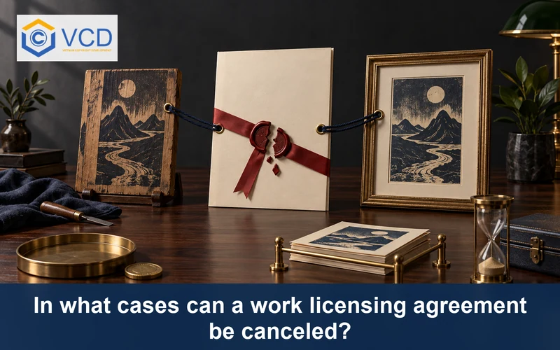 Broken licensing seal between an original woodblock and authorized copy with breach evidence nearby