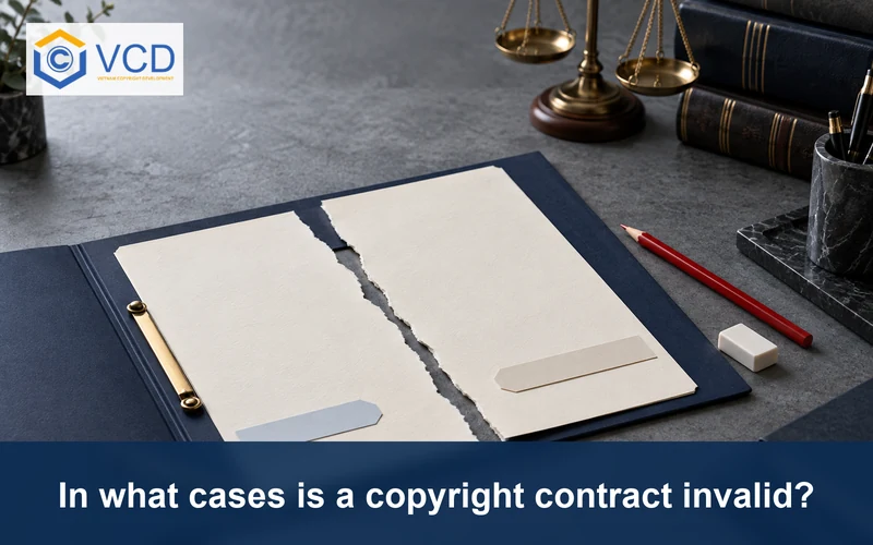 Torn blank agreement in an open navy folder symbolizing an invalid copyright contract