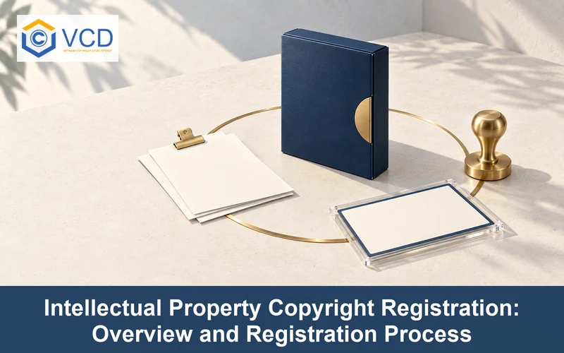 Circular copyright registration setup with a navy portfolio, blank application folio, brass seal and protected certificate card