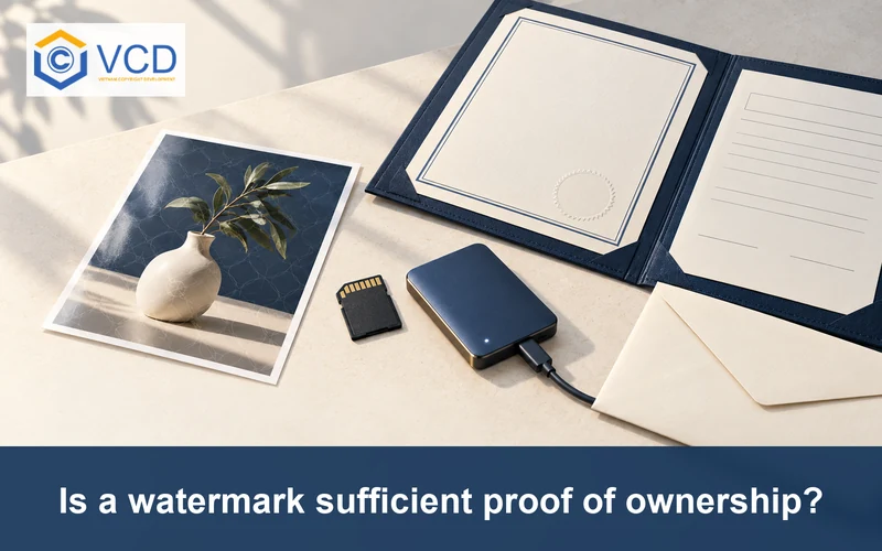 Watermarked printed photo beside a camera memory card, original-file SSD and copyright registration documents