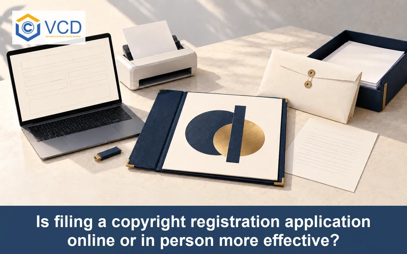 Copyright work between an online filing laptop and an in-person paper submission tray