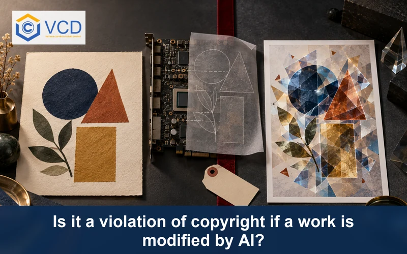 Original geometric collage compared with a recognizable AI-modified faceted version beside a graphics board