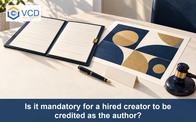 Printed design beside an unsigned hiring contract, blank author name card, pen and judge's gavel