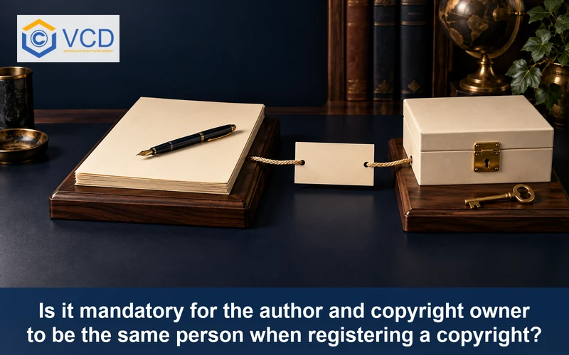 Separate authorship manuscript and ownership archive connected by a blank assignment card