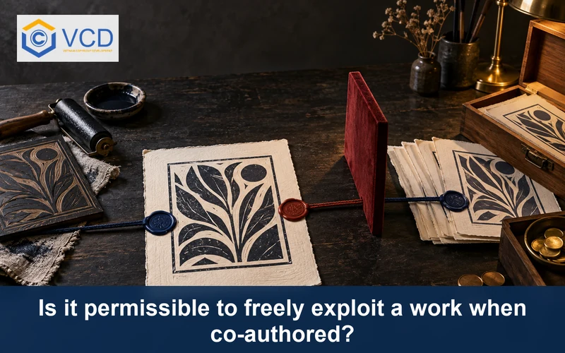 Jointly owned linocut beside duplicate prints moved toward a sales box by only one co-author cord