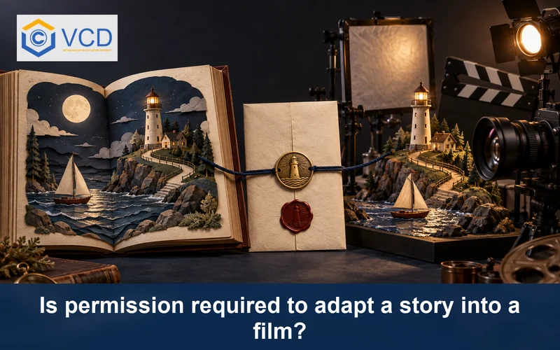 Illustrated lighthouse storybook linked by an authorization seal to a matching miniature film set