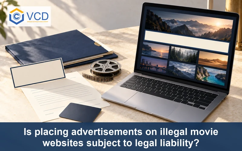 Laptop showing a blank movie-site ad banner beside an advertising invoice and legal file