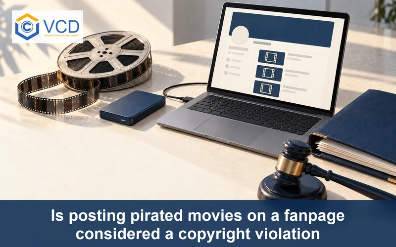 Film reel and hard drive connected to a laptop fanpage beside a copyright case folder and gavel