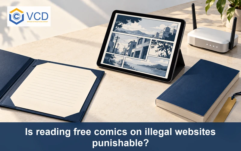 Tablet displaying blank comic panels beside a printed comic, router and copyright warning folder