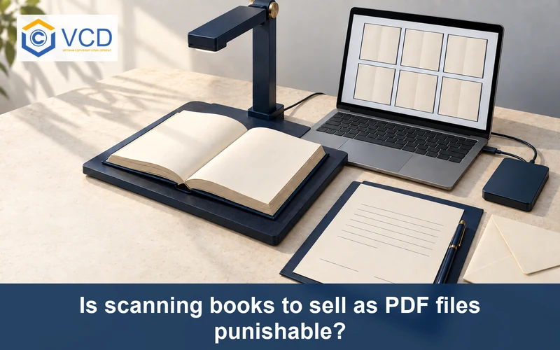 Open book under an overhead scanner beside a laptop with scanned pages, external drive and warning notice