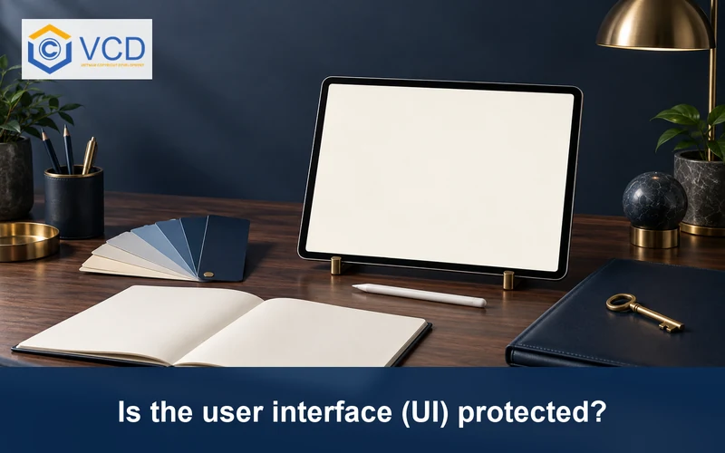 Blank tablet, stylus, design swatches and a protected UI design portfolio