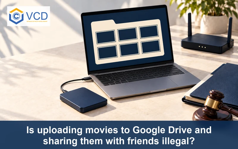 Laptop with shared movie folder, external drive, Wi-Fi router and legal file