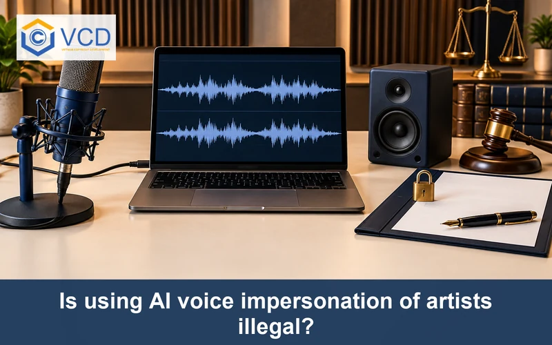 Studio microphone connected to a laptop showing duplicated voice recordings beside a consent form and judge's gavel